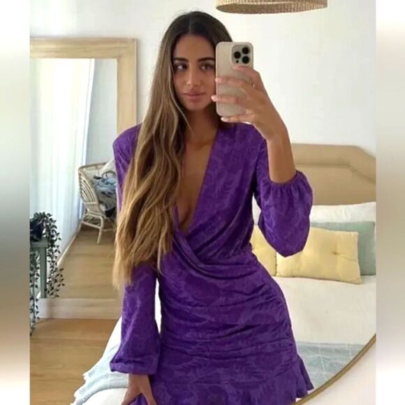 ZARA WRAP FRONT DRESS PURPLE LILAC JACQUARD - Picture 5 of 15